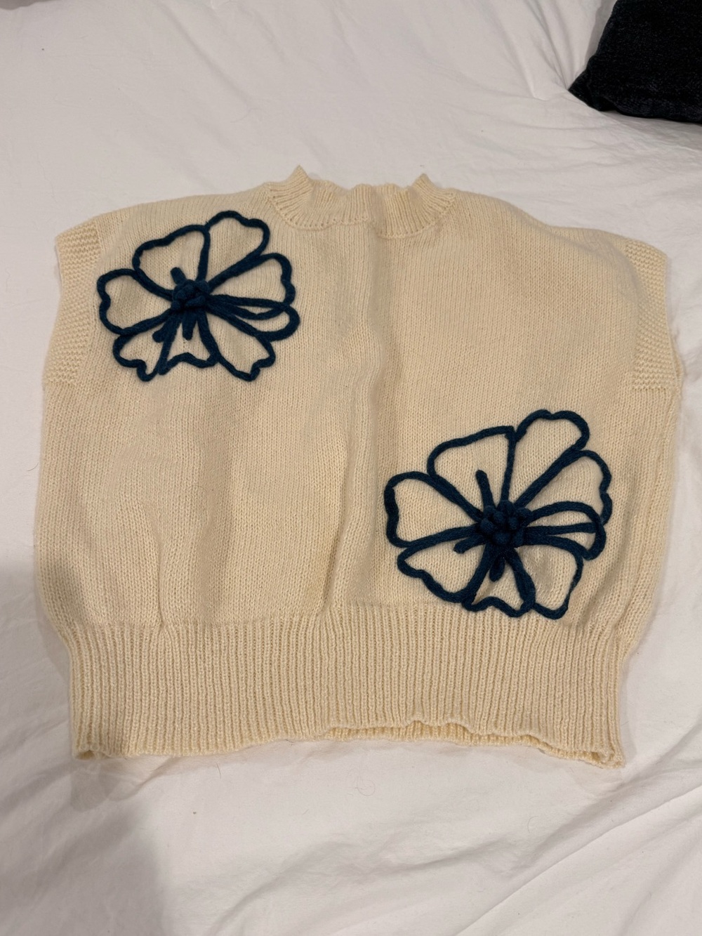 Cream Knit Flower Appliqué Sweater